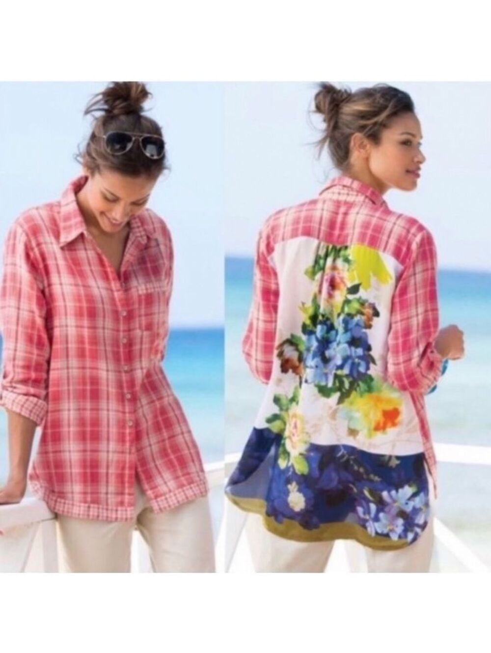 Soft Surroundings Kaolinn Pink Plaid & Floral Button Down Shirt Sz S/M